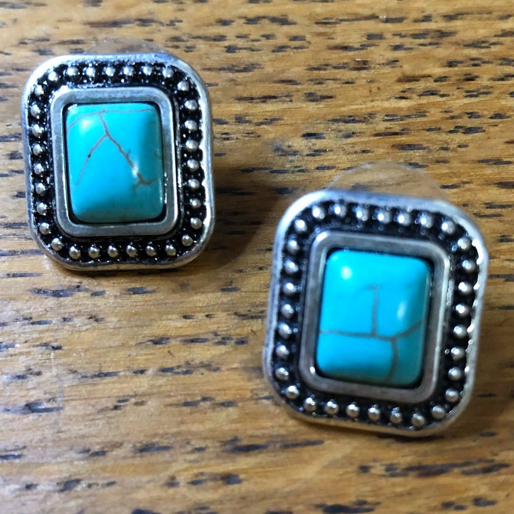 Silver & Turquoise Rectangle Stud Earrings - image 1